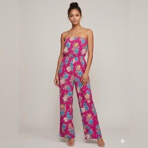 Stretch cotton strapless floral jumpsuit